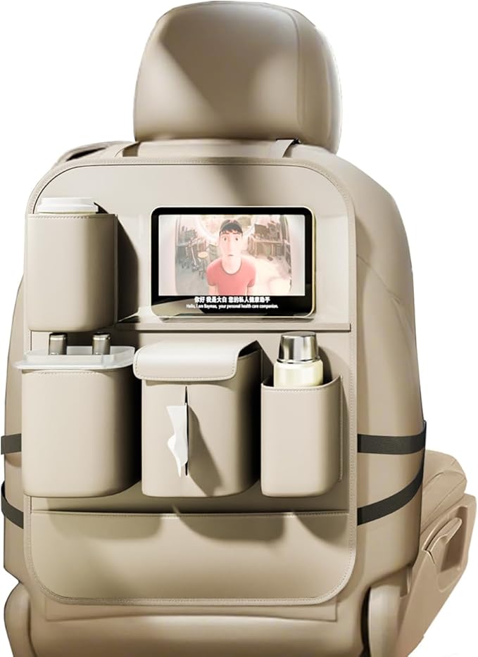 GMQ Backseat Car Organizer with Touch Screen,Protectors Kick Mats Travel Accessories for Kids,Multifunctional Seat Back Organizer Car Travel Organizer Accessories (Beige, 1PC)