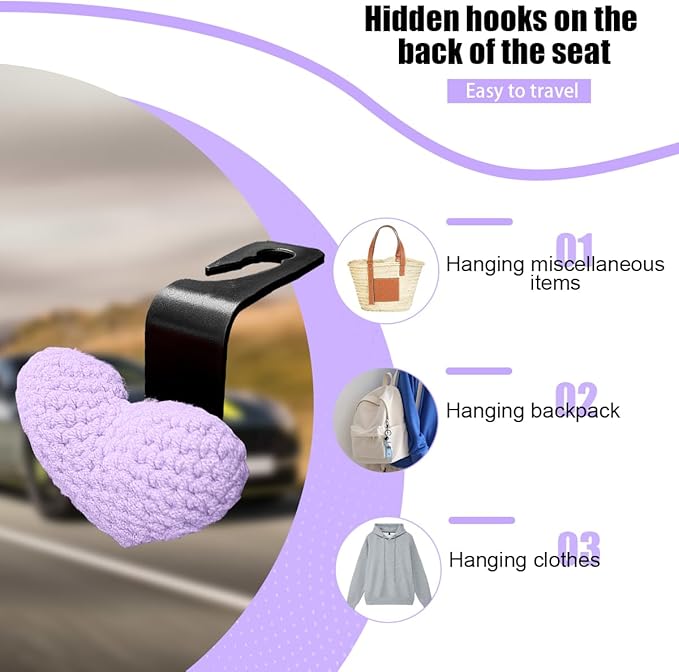 2PCS Car Headrest Hook, Cute Wool Heart Vehicle Seat Hangers for Umbrellas Grocery Bags, Automotive Interior Backseat Storage Organizer Hook, Universal for SUV, Sedan, Truck (Purple)