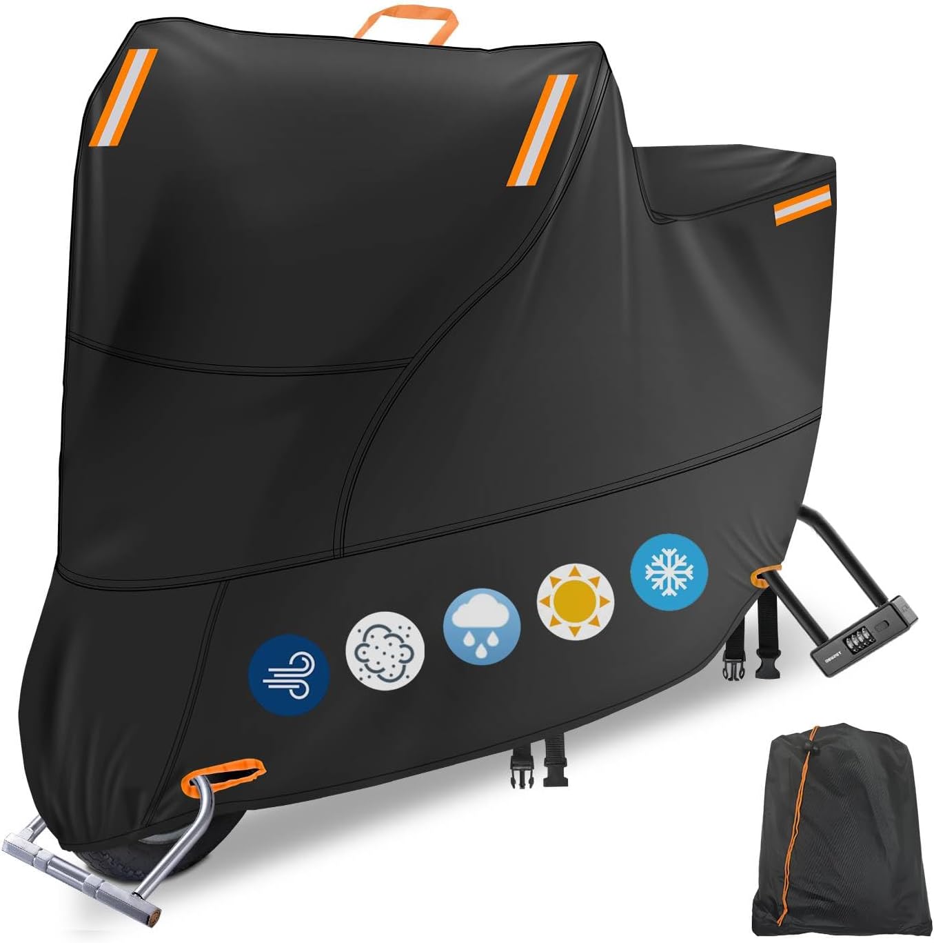 Waterproof Motorcycle Cover Outdoor, Motorbike Scooter Moped Rain Dust Protection Cover with 4 Reflective Strips and 2 Windproof Buckles, 2 Lock-Holes for Scooter Moped (4XL: 116 x 37 x 55 inch)