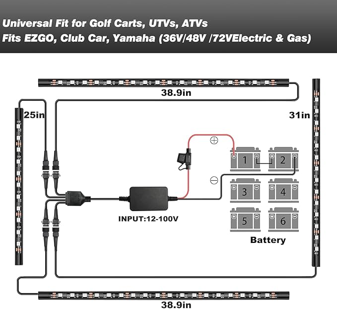 4PCS Golf Cart Underglow LED Light Kit with Built-in 12V-80V Voltage Reducer, APP & Remote Control, Sound Active Music Sync, IP67 Waterproof, Battery Drain Protect, for EZGO Yamaha Club Car
