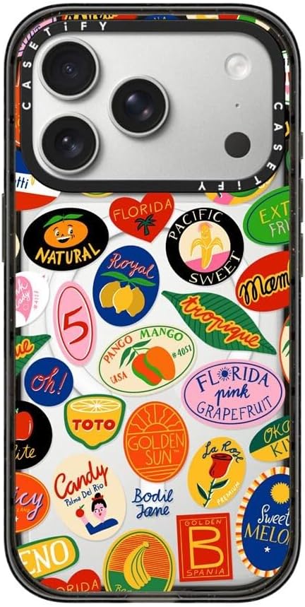 CASETiFY Impact iPhone 17 Pro Case [Slim/Compatible with Magsafe / 8.2 ft. 4X Military Grade Drop Protection] - Fruit Stickers - Clear Black