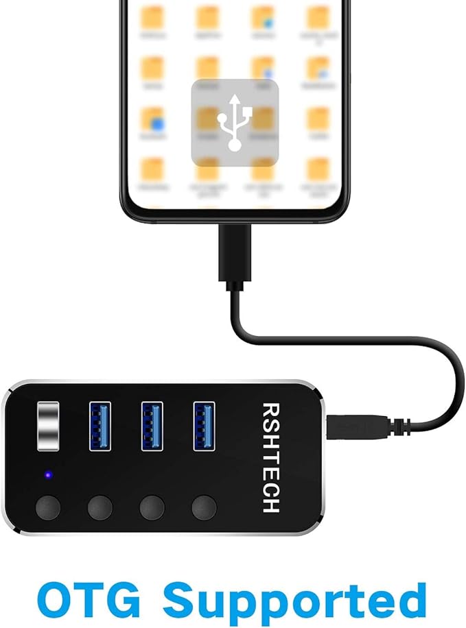 Powered USB hub RSHTECH 4 Port USB C to USB 3.0 Port Hub Expander Aluminum Portable USB 3.0 hub Splitter with 5V AC Adapter and Individual On/Off Switches (RSH-516-C)