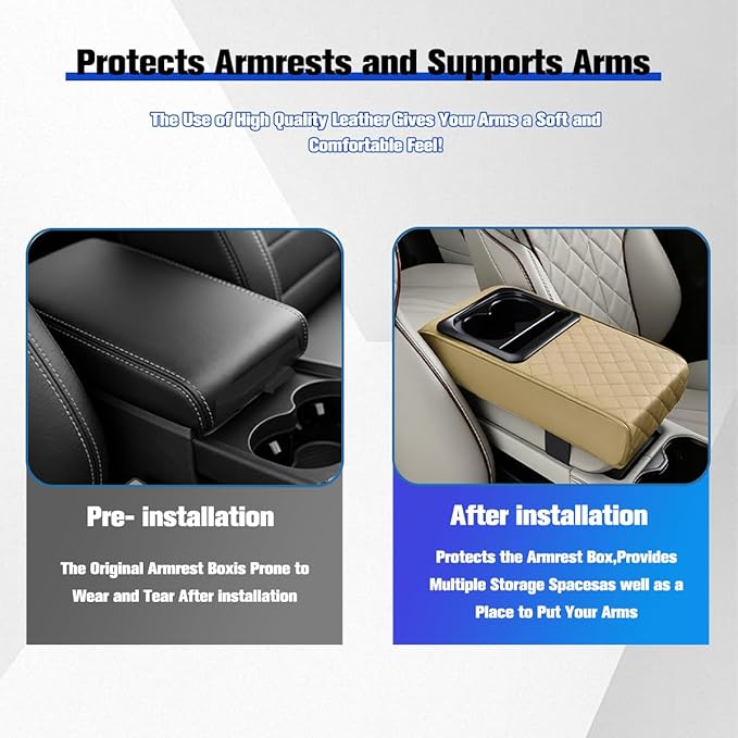 Car Center Console Armrest Pillow, Vehicle Armrest Seat Box Cushion Pad with Cup Holder & Phone Holder, Comfortable Auto Middle Console Cover, Universal for SUV RV Truck (Diamond, Beige)