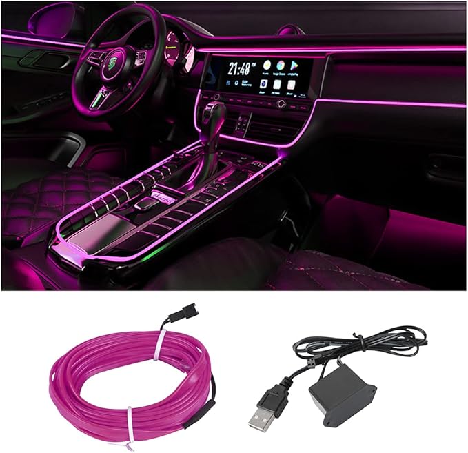 EL Wire LED Strip Lights, USB Auto Neon Light Strip with Sewing Edge, 16FT Electroluminescent Car Ambient Lighting Kit with Fuse Protection, Car Decoration Accessory (Purple/16FT)