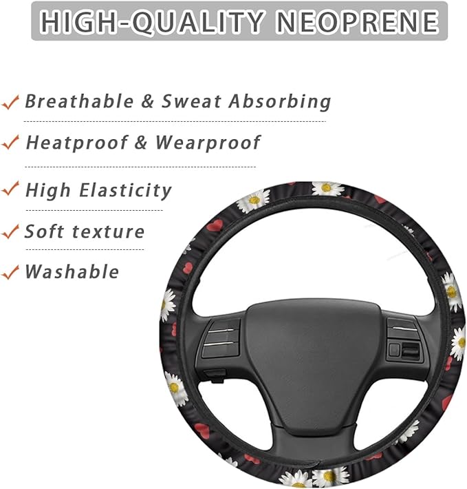 AFPANQZ Cute Daisy Pattern Steering Wheel Cover for Women Sweat Absorbing Non-Slip Steering Wheel Protection Case Machine Washable Universal White Flower on Black