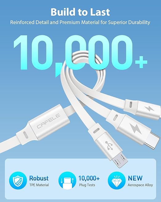 CAFELE Multi Charging Cable 3A, [2Pack 4ft] Retractable USB Charging Cable with Type C/L/Micro USB Ports, 3 in 1 Multi Fast Charger Cord for Multiple Devices, Phone 16 15 14/Galaxy/Pads/Tablets-White