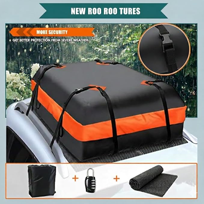 15cu ft Waterproof Car Roof Bag - Universal Fit, Anti-Slip Mat, 8 Straps & Lock Included