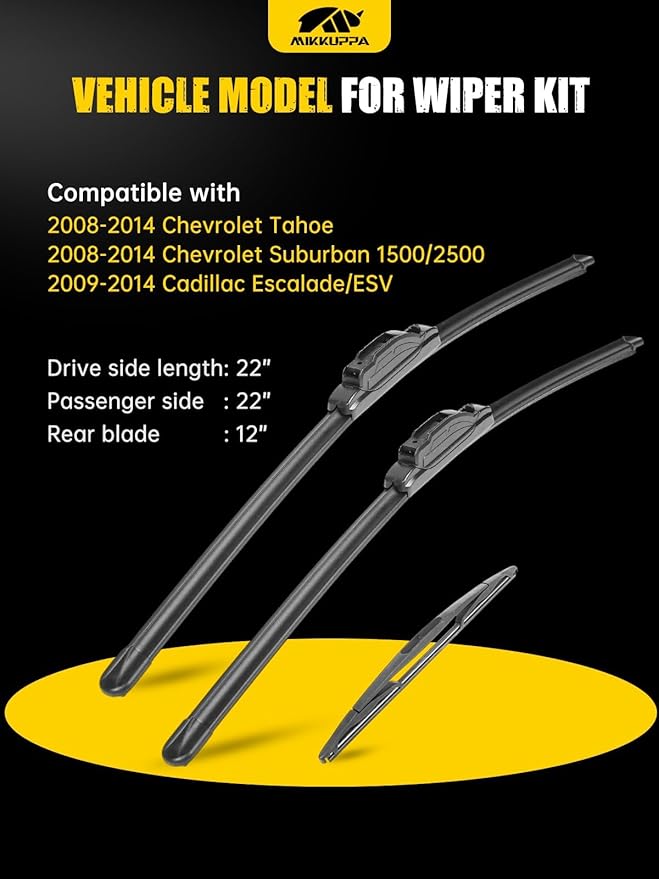 MIKKUPPA 22"+22"+12" Windshield Wipers Blades Replacement for 2008-2014 Chevy Tahoe, 2008-2014 Suburban 1500, 2009-2014 Cadillac Escalade, U/J HOOK Front & Rear All Season Wiper Blades Set(Pack of 3)