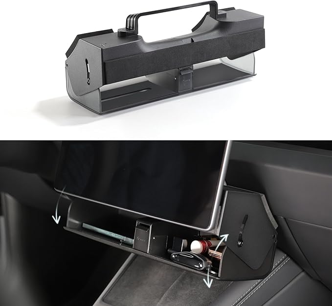 TPARTS Hidden Under Screen Storage Box for Model Y Juniper 2025-2026/Model 3 Highland 2024+ Magnetic Center Console Organizer Dashboard Vehicle Tissue Sunglass Holder(Standard, Premium, Performance)
