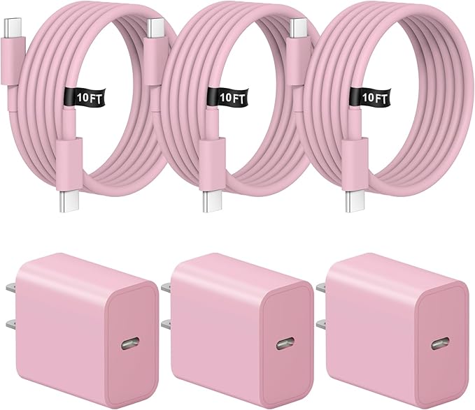 iPhone Charger Fast Charging 10FT iPhones 17 16 15 Charger 3 Pack Type C Chargers USB C Charger Compatible with iPhone Air 17/17 Plus/17 Pro/17 Pro Max/16/16 Plus/16 Pro/16 Pro Max (Pink)