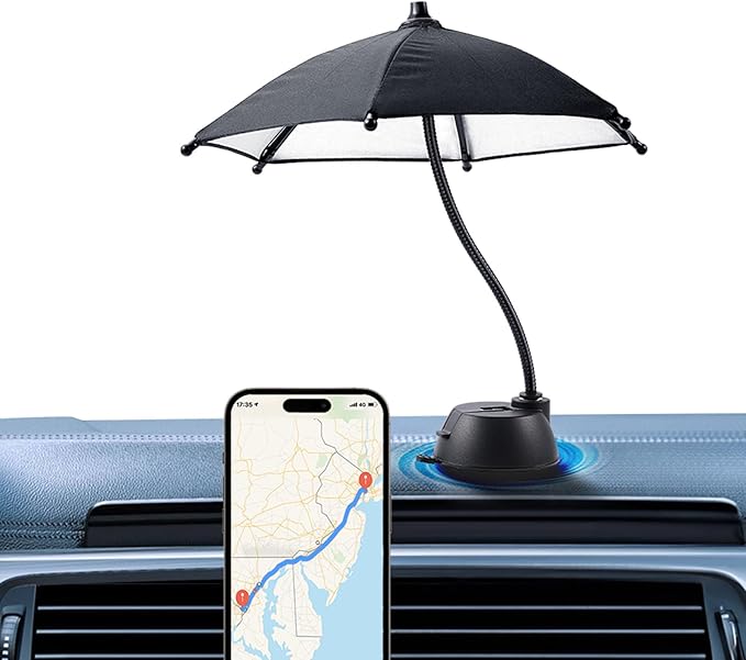 OUTXE Car Phone Umbrella for Sun, Suction Cup Phone Umbrella for iPhone/Android, 360°Adjustable Cellphone Sun Shade for Car Dashboard, Vent