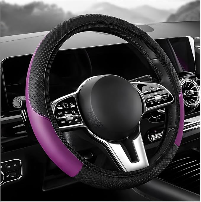 Car Steering Wheel Cover, 15 inch Carbon Fiber Microfiber Leather Elastic Steering Wheel Protector, Breathable Anti-Slip Comfortable Steering Wheel Covers for Most Cars (Black&Purple, AD)