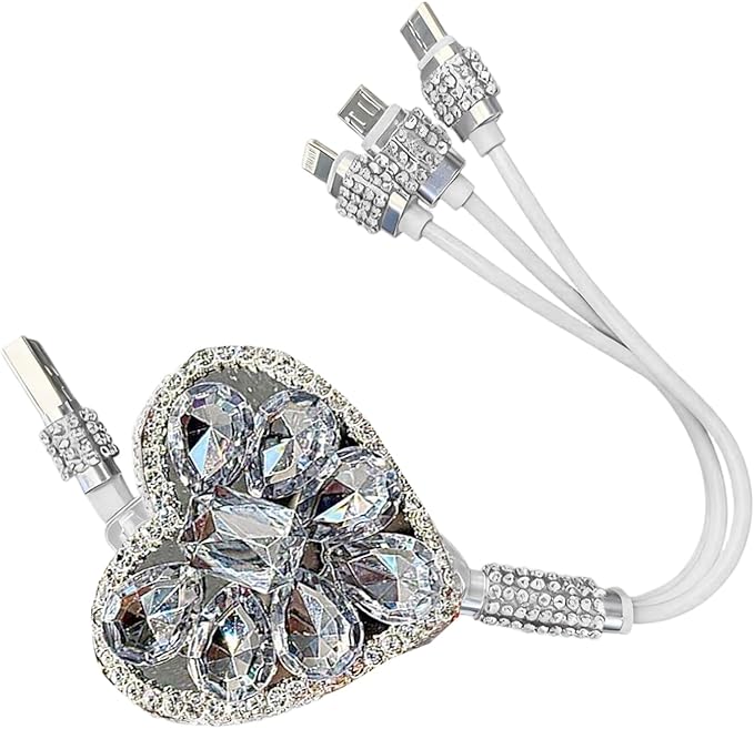 Multi Charging Cable, 3 in 1 Multi Charger Cable with Type-C/Lightning/Micro USB Connectors, Rhinestone Retractable Car Charger Cord, Universal for Most Phones, Tablets (White)