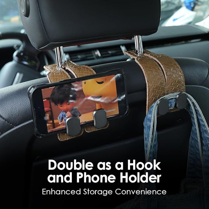 KINIVA Car Seat Headrest Storage Hooks, Set of 2, Suede PU Leather, Double Hooks (07-Khaki)