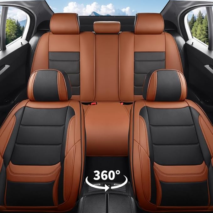 Car Seat Covers Full Set Custom Fit for Chevy Malibu 2000-2025 2026-Luxury Leather with Lumbar Support, Breathable, Waterproof, Anti-Slip, Durable, Easy to Install (BlackBrown,Full Set)