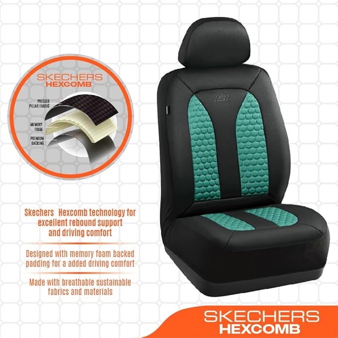 Skechers Memory Foam™ Car Seat Cover Full Sets, Hexcomb Breathable Thick Seat Covers, Airbag Compatible, Automotive Comfort & Protection for Most Cars,Van,Trucks, SUVs (Green,Full Set)