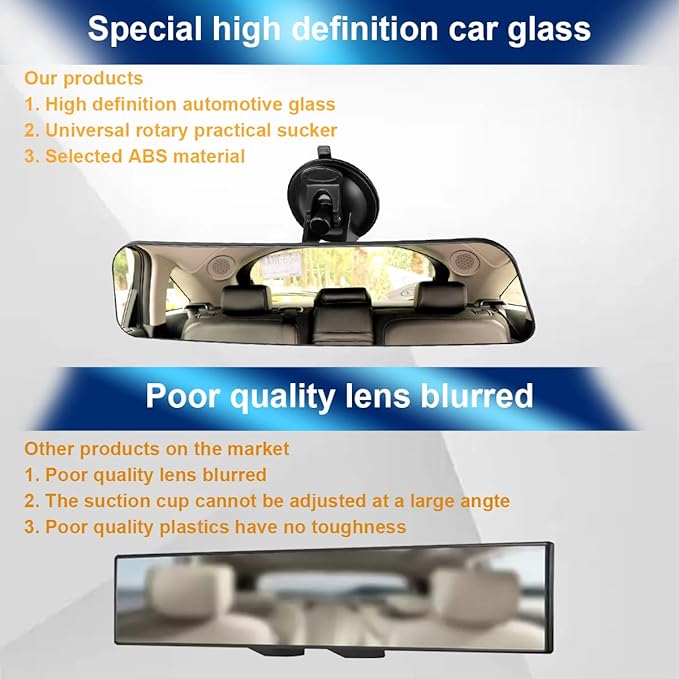 Car Rear View Mirror with Suction Cup, Anti Glare Wide Angle HD Auto Inside Rearview Mirror, 360 Degrees Adjustable Reduce Blind Spots, Universal for Vehicle, Marine, Boat, Truck, SUV, Van