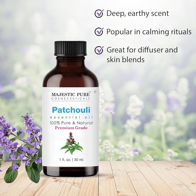 Majestic Pure Essential Oil with Glass Dropper - 100% Pure and Natural - Essential Oils for Diffuser, Aromatherapy, Soap and Candle Making, Patchouli Essential Oil, Patchouli Oil, 1 Fl Oz (Pack of 2)