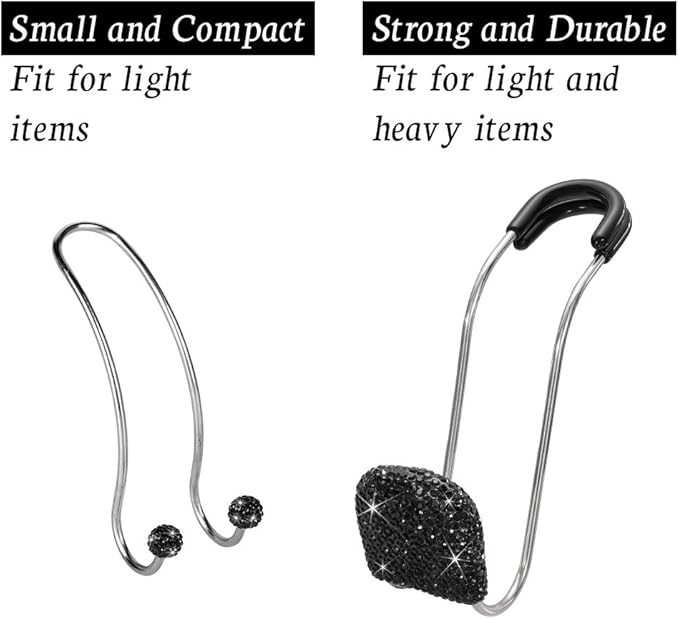SAVORI Car Headrest Hooks Bling Car Accessories Rhinestones Universal Auto Back Seat Headrest Metal Hanger Organizer Vehicle Holder for Bag Purse Clothes Grocery 2PCS (Black)