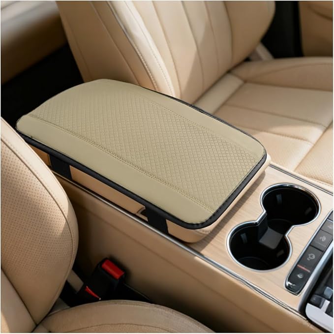 Car Center Console Cover, PU Leather Vehicle Armrest Seat Box Cover Protector, Comfortable Automotive Interior Arm Rest Cushion Pad Accessories, Universal for SUV Sedan Truck (Beige)