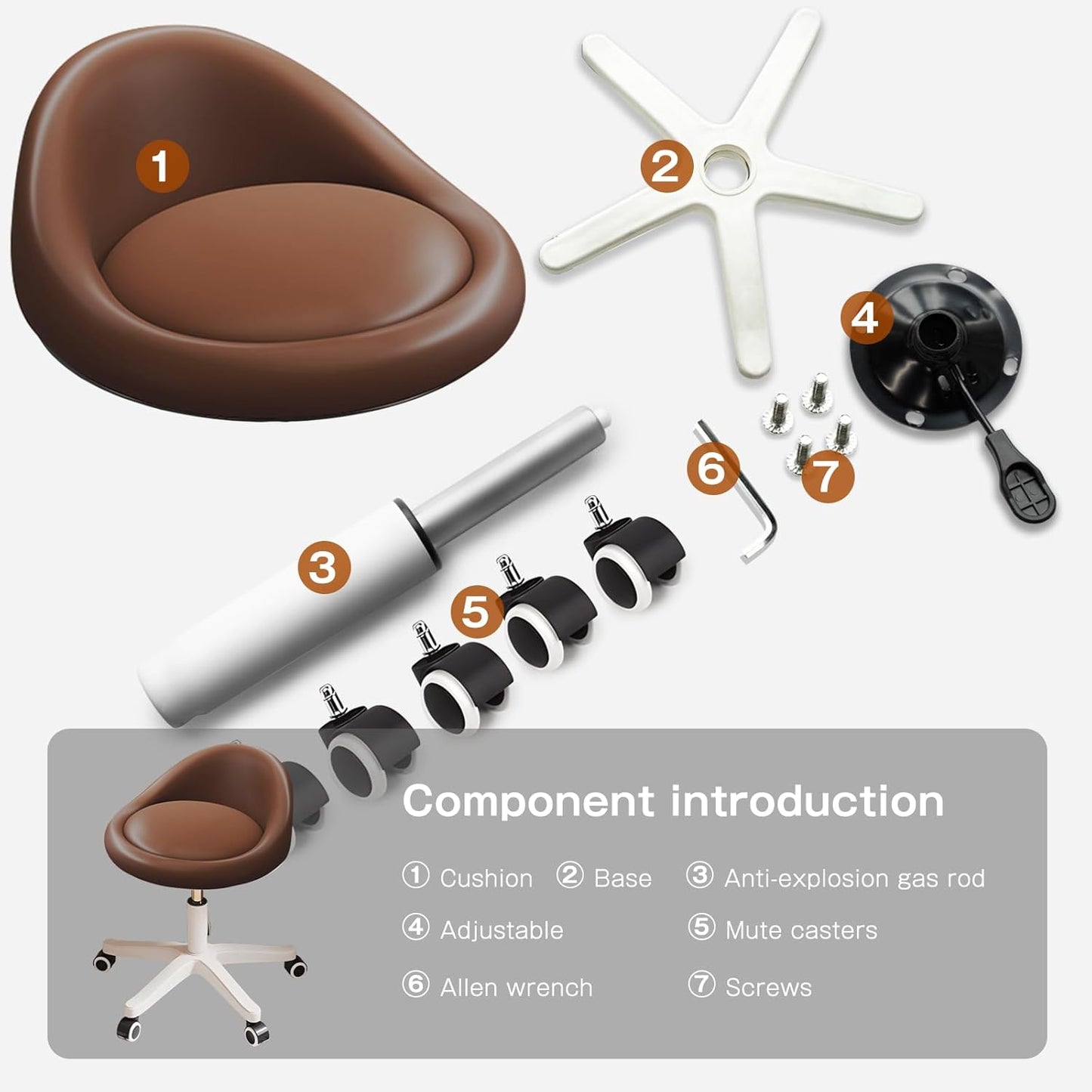 Rolling Stool Set of 6 Rolling Hydraulic Salon Stool with Low Backrest - Adjustable Swivel Chair for SPA, Shop, Salon, Massage, or Medical Office Brown