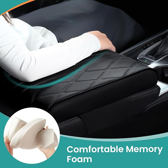 Car Center Console Cover, Leather Arm Rest Cover Mat for Car, Waterproof Car Armrest Box Pad with Memory Foam, Car Accessories Interior Center Console Cushion for Car, Truck, SUV (A - Black)