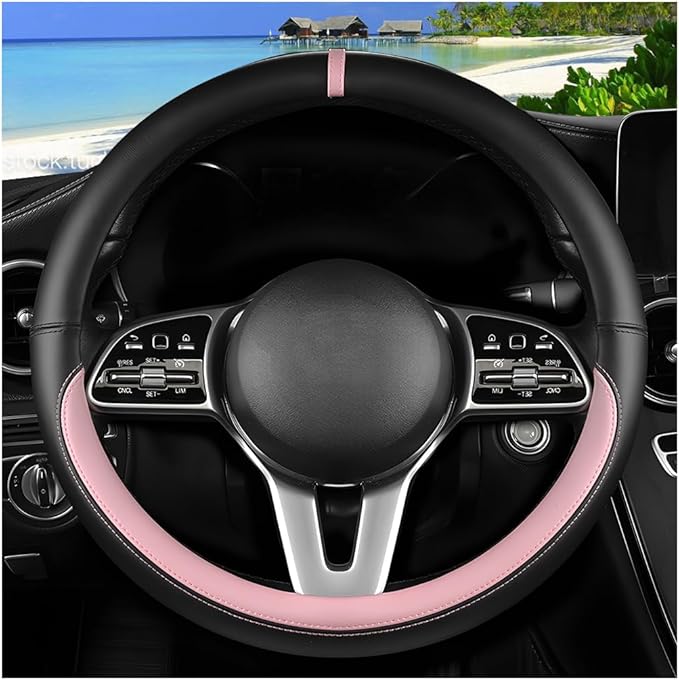 Car Steering Wheel Cover, 15 Inch Leather Anti-Slip Breathable Vehicle Steering Wheel Protector, Automotive Interior Protection Accessories, Universal for SUV Sedan Truck (Black/Pink)