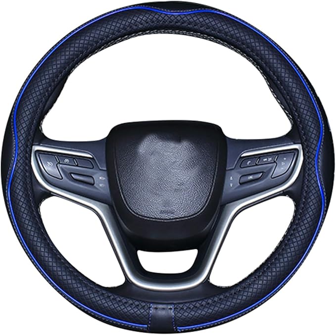 Mayco Bell Universal Standard Size Steering Wheel Cover Anti-Slip,Safety,Soft,Breathable,Durable,Full Surround,Comfortable Grip Microfiber Leather (14.5-15 inch,Black Dark Blue)