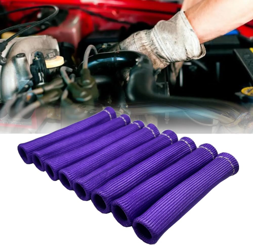 Spark Plug Wire Boots Protection 8 PCS Spark Plug Wire Heat Shield 6 Inches 2500° Spark Plug Heat Sleeve Cover Wrap for LS1 / LS2 Sbc BBC 350 454 (Purple)