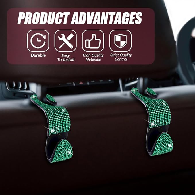2 Pack Car Seat Headrest Hook, Bling Car Hooks Front Seat, Back Seat Organizer Hanger Storage Hook Car Purse Hook for Bags, Clothes, Coats, Grocery Bags (Green)
