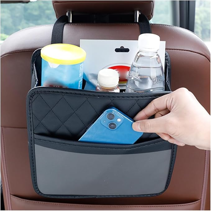 Car Seat Back Organizer, Leather Multipurpose Collapsible Vehicle Backseat Hanging Bag, Portable Automotive Interior Seat Storage Organizer, Universal for SUV RV Truck (Black)