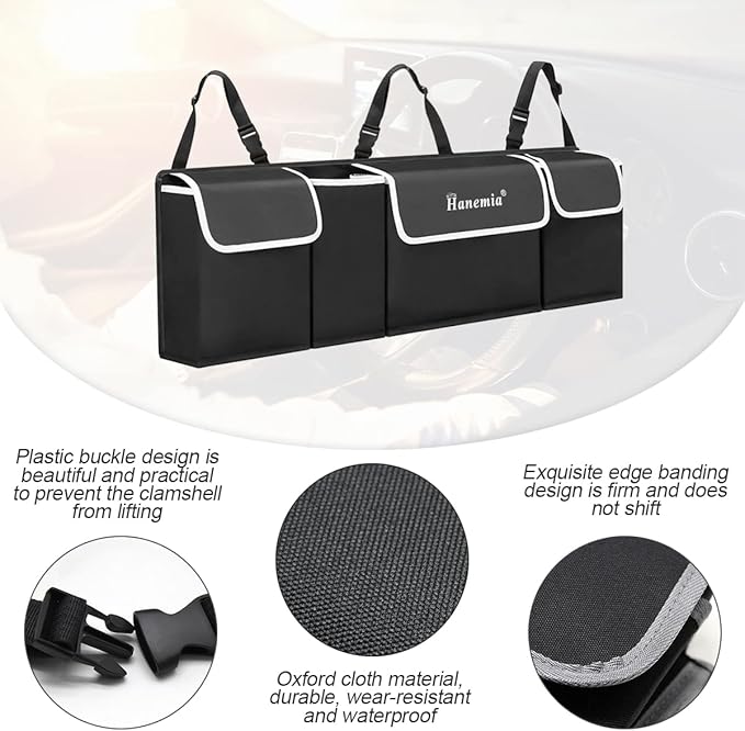 Car Trunk Organizer and Storage, Backseat Hanging Organizer for SUV, Truck, MPV, Waterproof, Collapsible Cargo Storage Bag with 4 Pockets, Car Interior Accessories (Black)