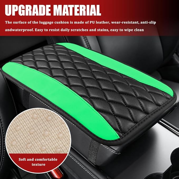 Car Center Console Cushion Pad, Armrest Cover for Car, Leather Waterproof Armrest Seat Box Cover, Auto Accessories Comfortable Arm Rest Box Cushion Pad for Most Vehicles (Green)