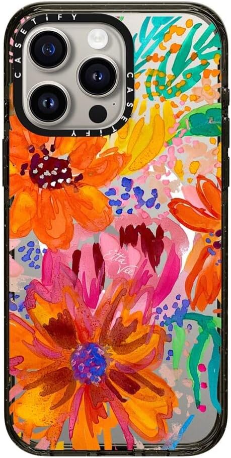 CASETiFY Impact Case for iPhone 15 Pro Max [4X Military Grade Drop Tested / 8.2ft Drop Protection/Compatible with Magsafe] - Paint Prints - EttaVee Watercolor Fleurs - Clear Black