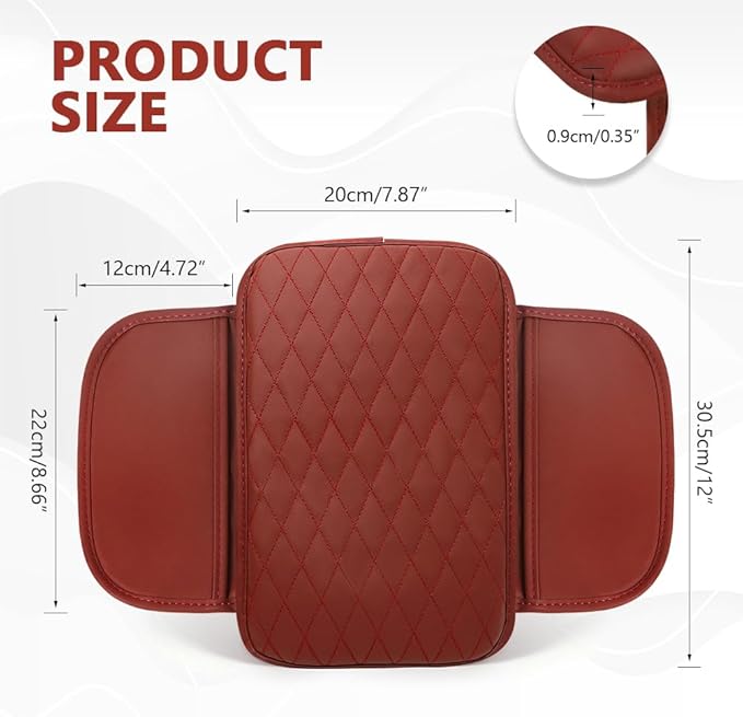 Car Center Console Cover, 12"×7.87" Waterproof Leather Auto Armrest Cover Protector with 2 Pocket, Comfortable Arm Rest Box Cushion Pad, Universal Interior Car Accessories (Wine Red)