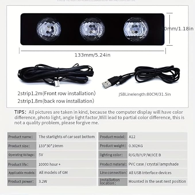 Car Interior Ambient Lights,4Pcs 12LED USB Plug-in RGB Multicolor Star Atmosphere Lights for Car Carpets Under Dash LED Accent Lighting Kit with Sound Active and Remote Control DC 5V