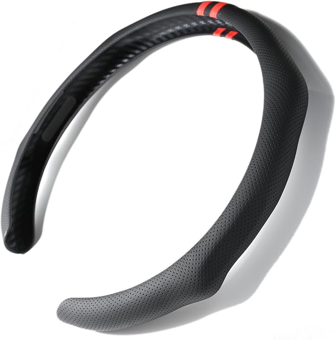Quick Install Sporty Perforated Nappa Leather Steering Wheel Cover with Red Stripes Universal fit 14½" to 15" Car SUV Pickup 14.5 to 15 inches Napa