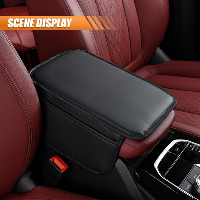 Car Center Console Cover, Leather Waterproof Auto Arm Rest Pad with Storage Bag, Scratch Resistant Middle Console Protector, Comfortable Vehicle Interior Accessories for Sedan SUV (Black)