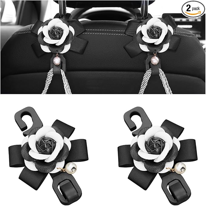 Car Seat Headrest Hook, 2PCS Cute Flower Vehicle Backseat Organizer Hanger for Purse Grocery Bag Coat, Auto Interior Hanging Decor Accessories, Universal for SUV Sedan Truck (Black/White)
