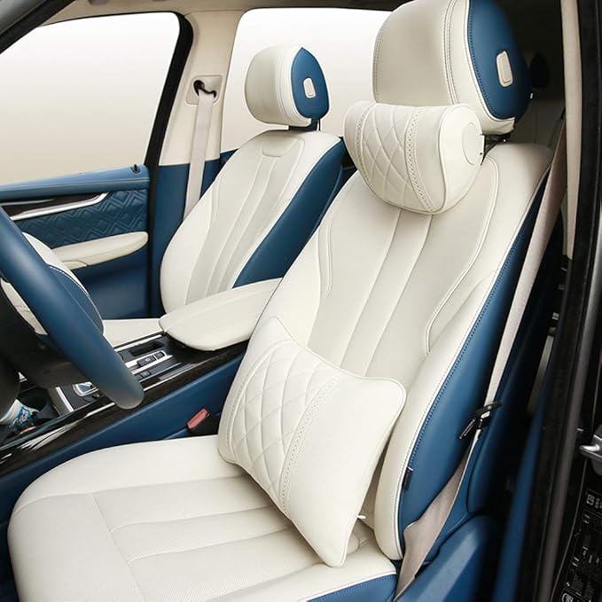 LUNDA Luxury Car Neck Pillow Car Travel Neck Rest Pillows Seat Cushion Support Napa Leather for Mercedes Benz S-Class headrest （Beige）