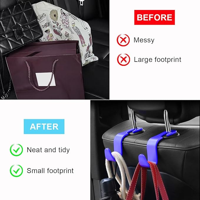 Ziciner Car Seat Headrest Hooks, 4 Pack Auto Durable Backseat Hangers Storage Organizer, Universal Vehicle Interior Holder Accessories for Purse, Grocery Bags, Handbag, Cloths ect (Blue)