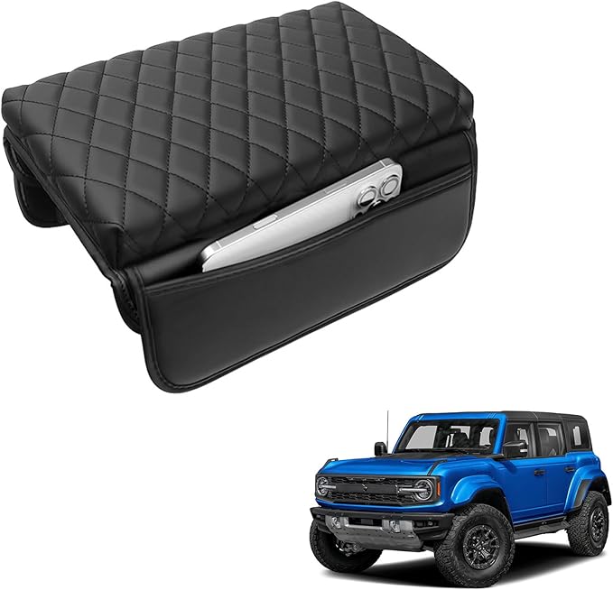 Center Console Armrest Cover for Ford Bronco 2021 2022 2023 2024 2025 2/4 Door with PU Leather Side Pockets Center Console Cover Pad Cushion Interior Accessories Arm Rest Prevent Scratching