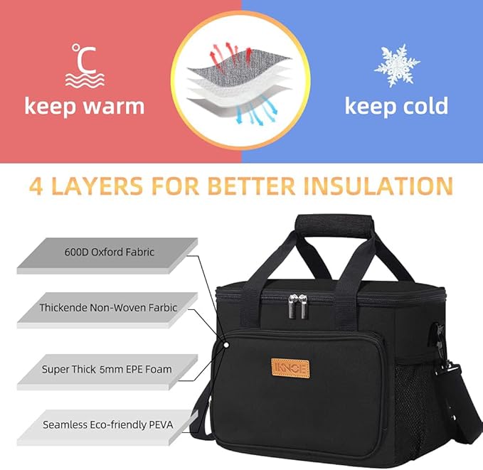 iknoe Insulated Lunch Bag, Foldable 14L Cooler Bag for Men & Women, Leakproof Thermal Design, Great for Office, Picnic, Travel, Lunch Box, Black New