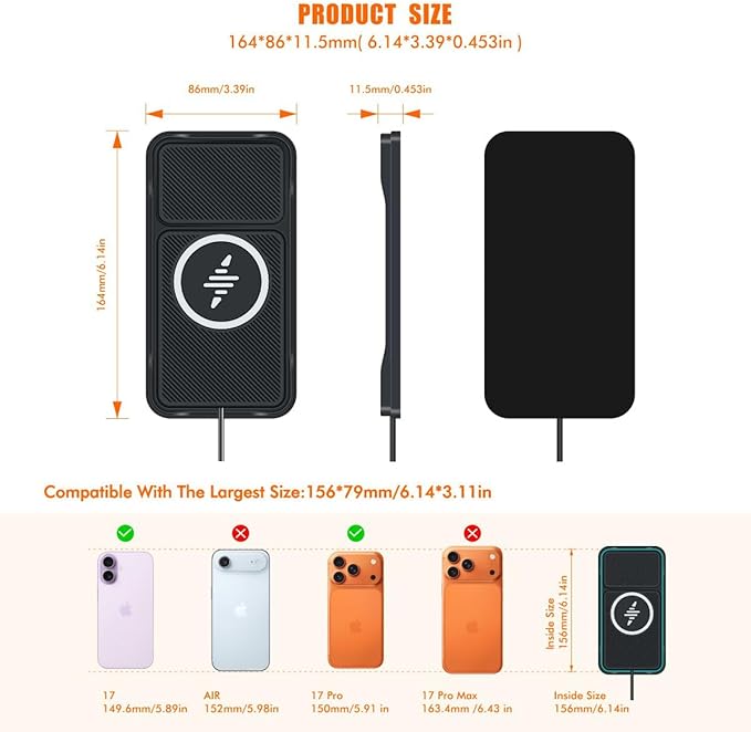 Wireless Car Charger Pad, 15w Fast Car Wireless Chargers Charging pad Non Slip Charger for Car Wireless Phone Charger for iPhone 17/16/15/14/13/12 Pro, SE3/SE2/XS/X/XR/8, 30cm Cable