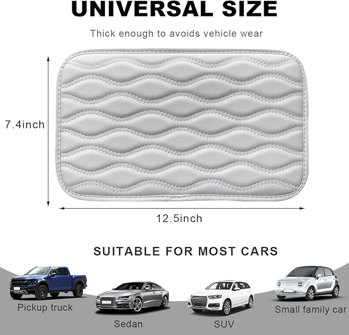 Car Center Console Cushion Pad, 12.48×7.40 Inches Waterproof Car Armrest Seat Box Cover, Comfortable PU Leather Vehicle Armrest Cover Protector, Car Decor Interior Accessories (White)