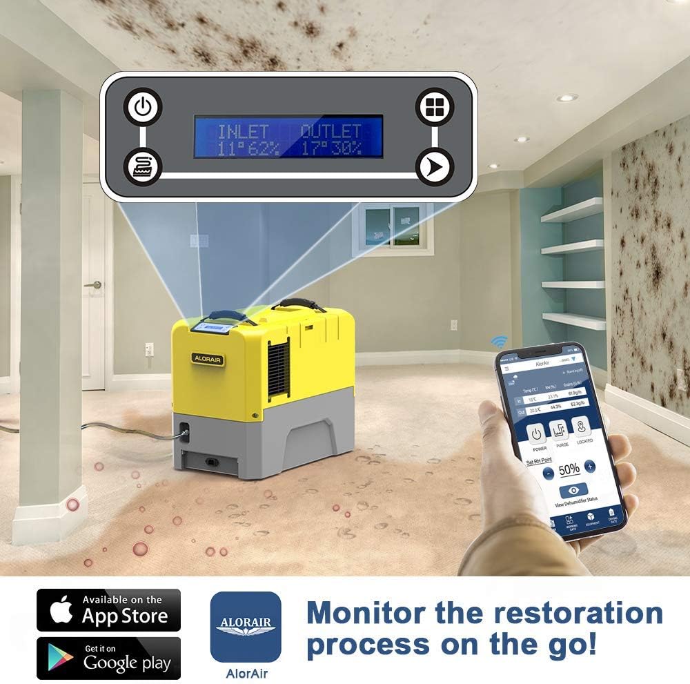 ALORAIR 180PPD Commercial Dehumidifier for Crawl Space & Basement, Wi-Fi APP Controls with Pump, Capacity up to 85 PPD at AHAM Condition, for Large Space, Job Sites, Yellow