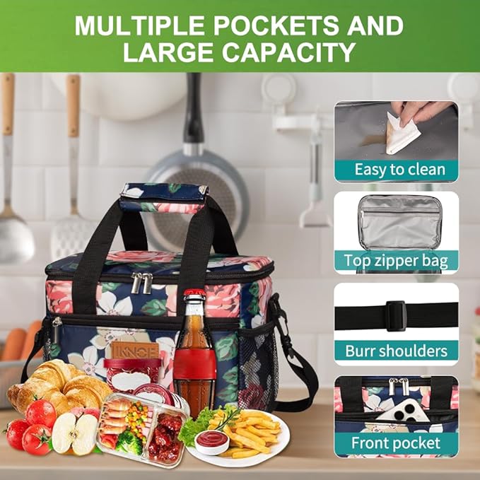 iknoe Insulated Lunch Bag, Foldable 8.5L Cooler Bag for Men & Women, Leakproof Thermal Design, Great for Office, Picnic, Travel, Lunch Box,Flower