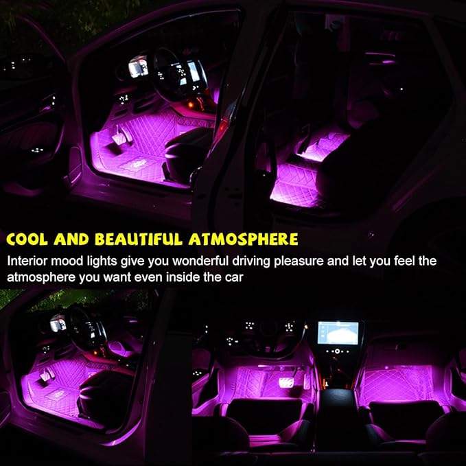 Car LED Strip Light, 48 LEDs RGB Neon Interior Atmosphere Lights, 12V Under Dash Ambient Night Light, Cigarette Lighter Auto Interior Decorative Lamp, Car Accessories (Pink Purple)