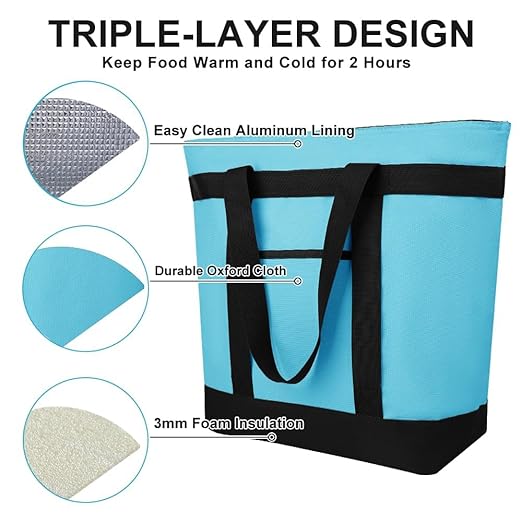 CIVJET 2PK Insulated Grocery Tote Bags, Large Reusable Cooler Bags with Zipper, Leakproof Thermal Shopping Bags for Food Delivery, Beach, Travel, for Uber Eats & Picnic, Collapsible, Blue