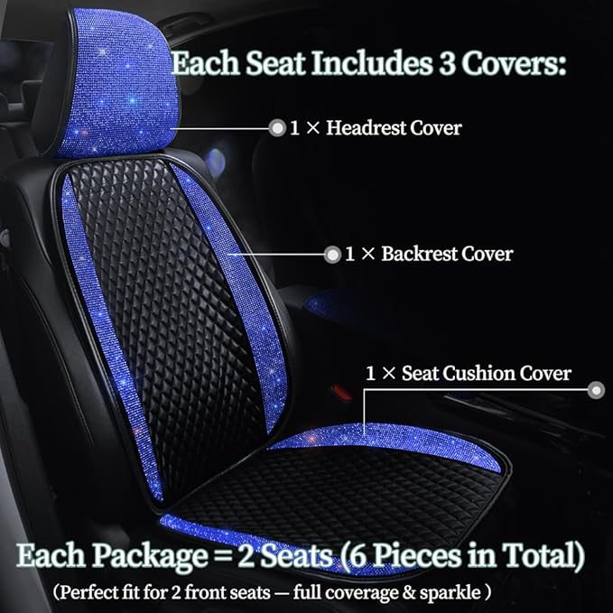 Luxury Faux Leather Car Seat Covers with Shining Rhinestone,Crystal Diamonds Auto Front Seat Cushion Covers Bling Bling Auto Interior Accessories for Women or Ladies Universal Fit Blue 2Seats